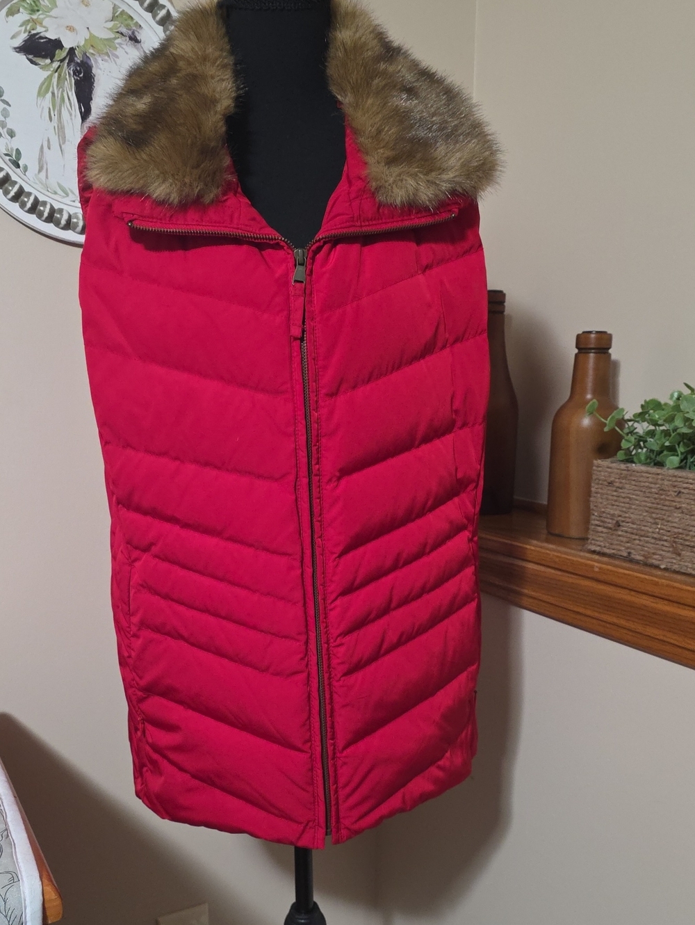 Talbots Red Quilted Puffer Vest with Faux Fur Collar
